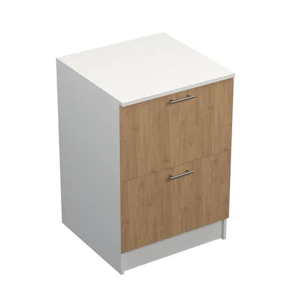 Delvotira | Meuble Bas De Cuisine Prim - 2 Tiroirs - Finition Chêne Chaleureuse - 60x59x89cm
