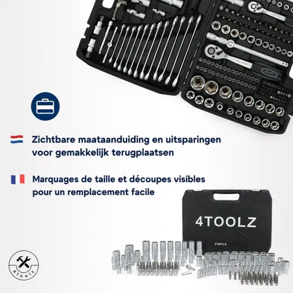Jeu De Douilles 4toolz 108 Pièces En Coffret – 72 Dents Cliquets 1/2″ Et 1/4