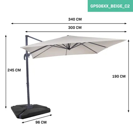 Parasol Déporté Carré 300x300 Cm Beige – Rotation 360° Inclinable – Toile Upf 50+ – Structure Aluminium – Avec 4 Dalles