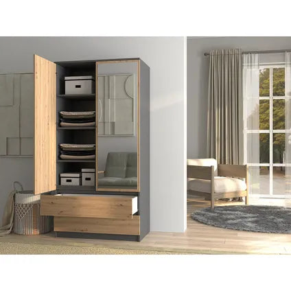 Armoire Maxy-shop En Chêne Anthracite Avec Miroir - 90 X 50 X 180 Cm