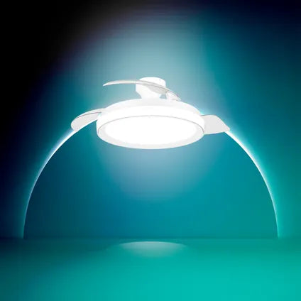 Ventilateur de plafond Philips Bliss avec lampe LED intégrée – 3 pales rétractables, diamètre : 106 cm – 4500 lumens – Lumière blanche réglable de 2700K à 6500K – Intensité réglable jusqu’à 5 % – Télé