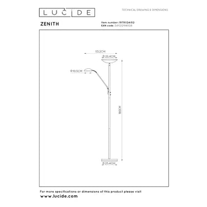 Lampadaire Lucide Zenith – Or Mat – Blanc Chaud – Dimmable – 24W