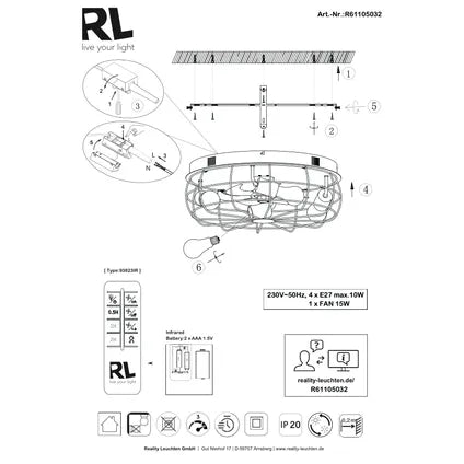 Ventilateur De Plafond – Trio – Trondheim – Noir 48x48x17.5 Cm