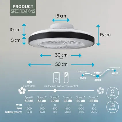Ventilateur Plafond Avec Lumiere – Varin – Noir/blanc – Diam. 50 Cm – Tuya Wi-fi, Silencieux