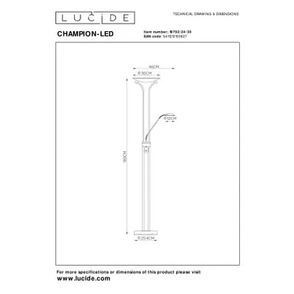 Lampadaire Lucide Champion - Noir - 25,4cm - 20W+4W