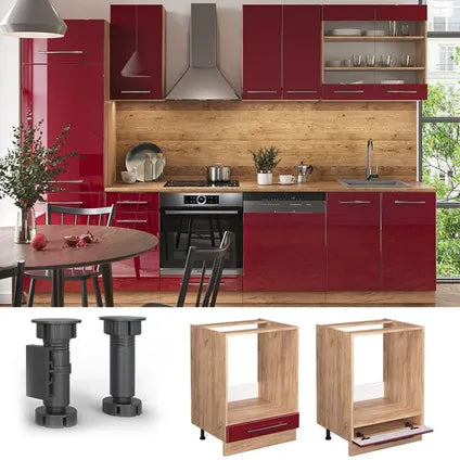 Meuble Bas Pour Four - Vicco - Fame-line - Rouge Bordeaux Brillant/chêne Doré - 60x82x60 Cm