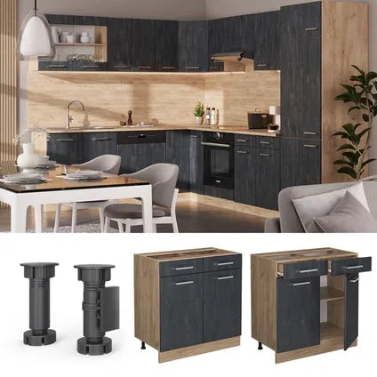 Meuble Bas De Cuisine – Vicco – R-line – Béton Noir/chêne Doré – 80x46x81.6 Cm