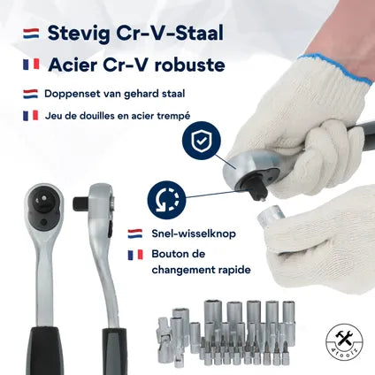 Jeu De Douilles 4toolz 108 Pièces En Coffret – 72 Dents Cliquets 1/2″ Et 1/4