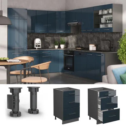 Meuble Bas Vicco Fame-line Bleu Foncé Brillant Anthracite 3 Tiroirs 50x82x51.6 Cm
