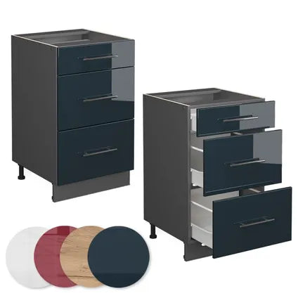 Meuble Bas Vicco Fame-line Bleu Foncé Brillant Anthracite 3 Tiroirs 50x82x51.6 Cm